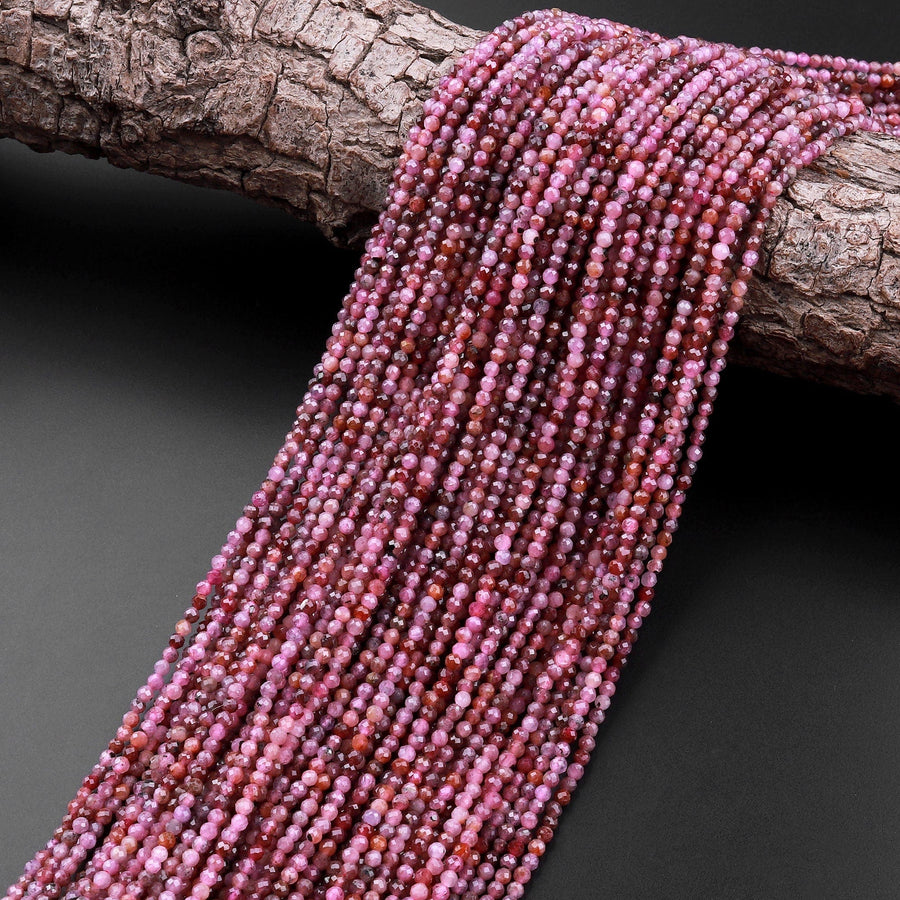 Genuine Natural Deep Fuchsia Red Pink Ruby Gemstone Faceted 2mm Round Beads 15.5" Strand