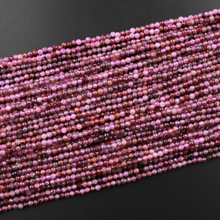 Genuine Natural Deep Fuchsia Red Pink Ruby Gemstone Faceted 2mm Round Beads 15.5" Strand