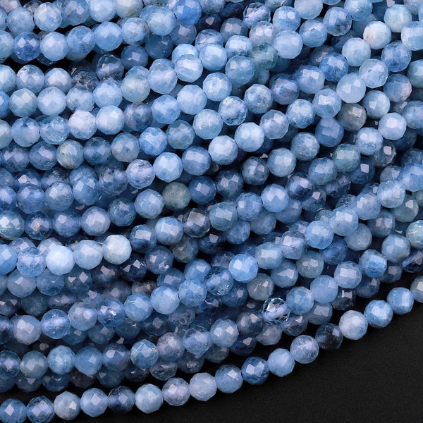 Micro Faceted Natural Blue Aquamarine 2mm 3mm 4mm Round Beads 15.5" Strand