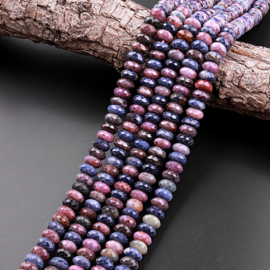 Faceted Natural Sapphire Rondelle Beads 8mm Multicolor Blue Green Pink Red Real Genuine Gemstone 15.5" Strand