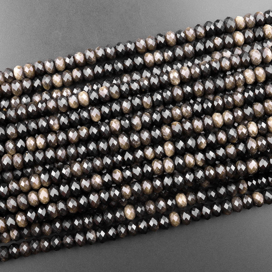 Natural Golden Black Obsidian Faceted Rondelle Beads 6mm AAA High Quality 15.5" Strand