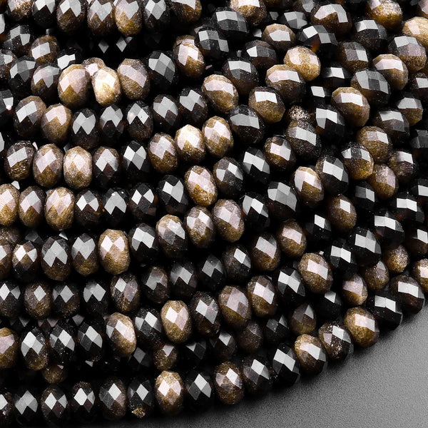 Natural Golden Black Obsidian Faceted Rondelle Beads 6mm AAA High Quality 15.5" Strand