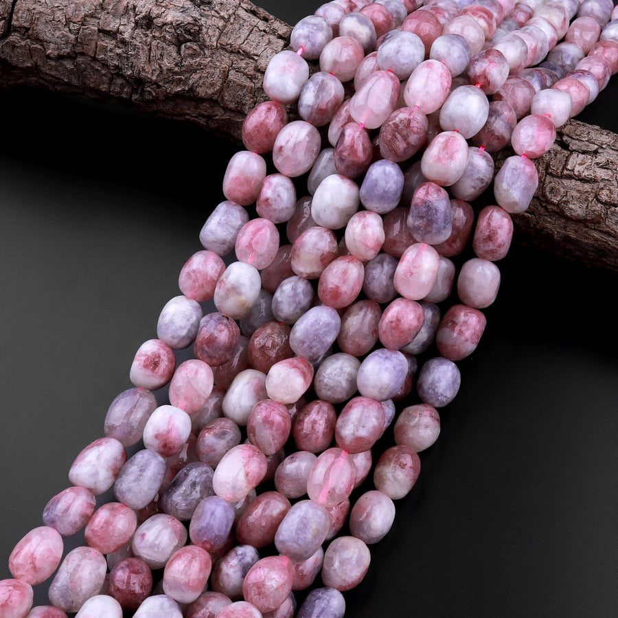 Natural Pink Tourmaline in Purple Lepidolite Rounded Nugget Beads Freeform Barrel Shimmering Mica Matrix 15.5" Strand
