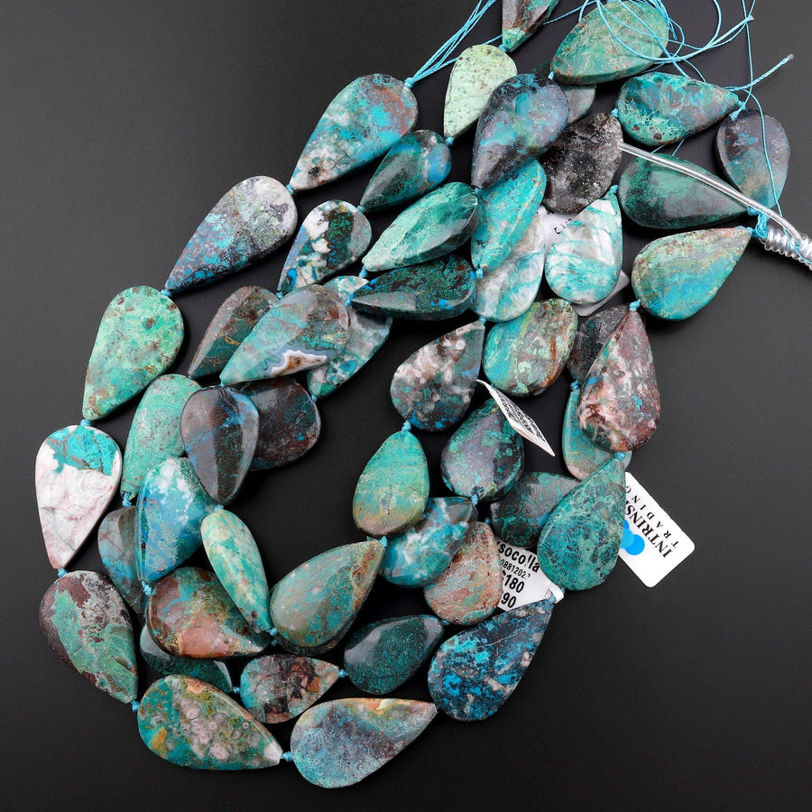 Large Natural Chrysocolla Teardrop Beads From Arizona Real Genuine Green Blue Gemstone 15.5" Strand