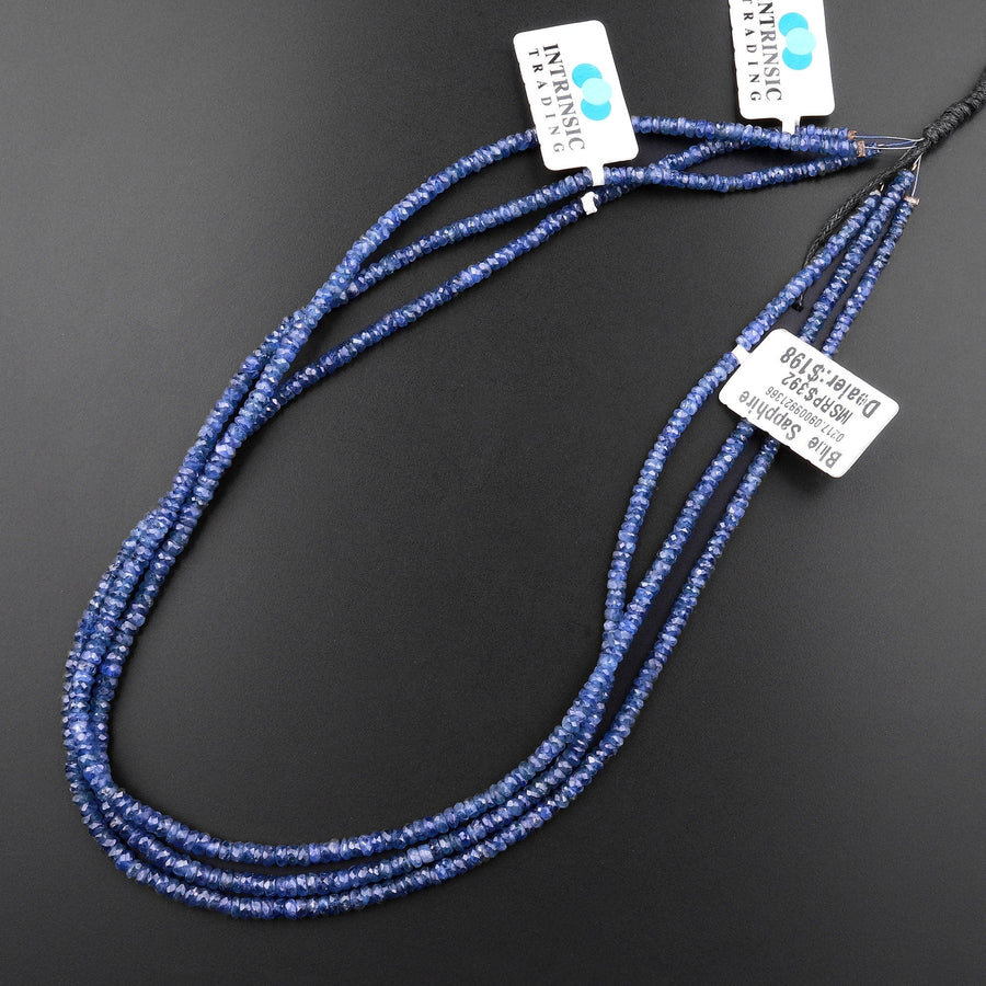 AAA Natural Blue Sapphire Faceted 3mm Rondelle Beads Micro Laser Diamond Cut Genuine Gemstone 15.5" Strand