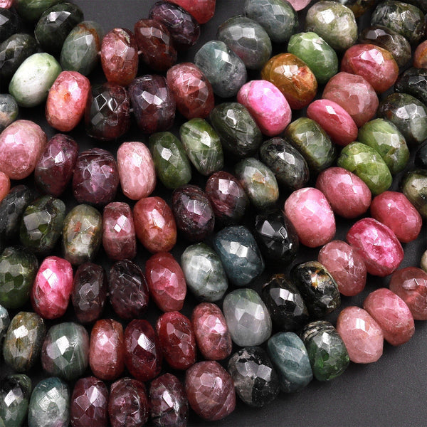 Large Faceted Natural Multicolor Watermelon Tourmaline Faceted 8mm 9mm 12mm Rondelle Beads  Pink Green Gemstone 13.5" Strand