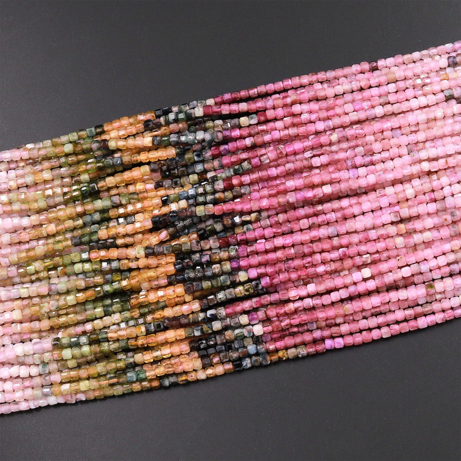Natural Multicolor Pink Green Yellow Tourmaline Faceted 2mm 3mm Cube Square Dice Beads Gemstone 15.5" Strand