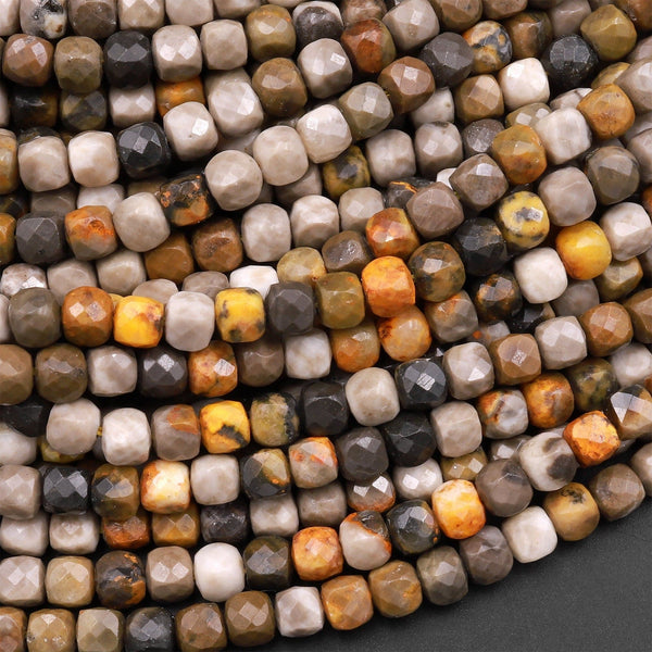 Faceted Natural Bumble Bee Jasper 4mm Cube Beads Micro Diamond Cut Gemstone 15.5" Strand