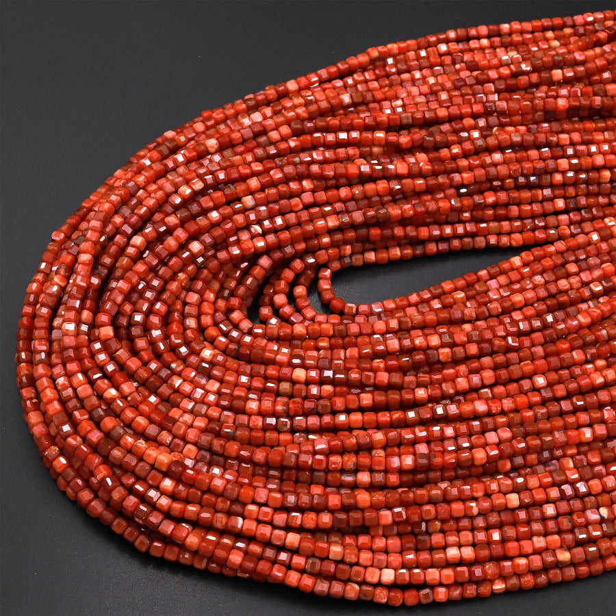 AAA Faceted Natural Moroccan Deep Orange Red Agate 2mm 3mm Cube Beads Micro Diamond Cut Gemstone 15.5" Strand