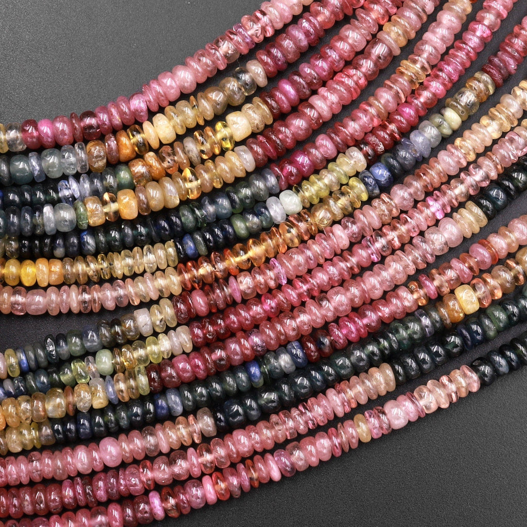 Natural MultiColor Red Pink Yellow Blue Sapphire Smooth Rondelle 3mm 4mm Gemstone Beads