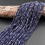 Natural Burma Blue Sapphire Faceted 3mm 4mm Round Beads 15.5" Strand