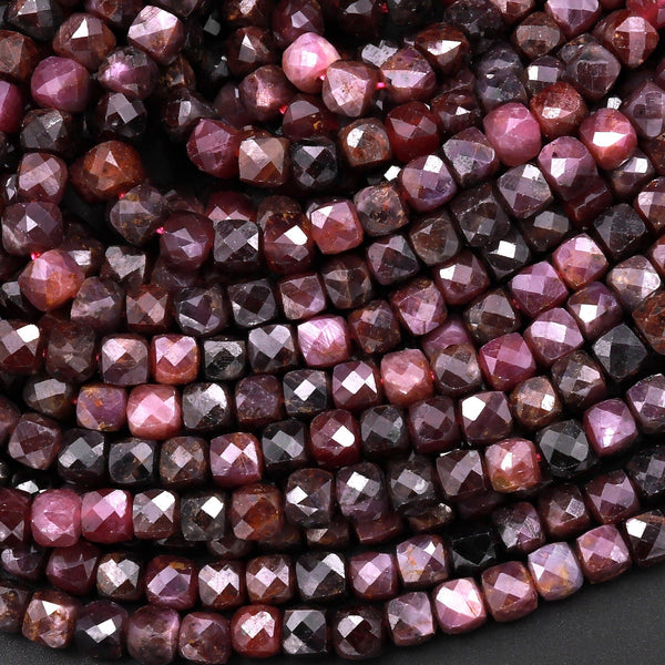Real Genuine Natural Deep Red Ruby Faceted 4mm Cube Dice Square Gemstone Beads 15.5" Strand
