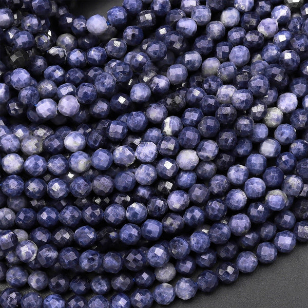 Natural Burma Blue Sapphire Faceted 3mm 4mm Round Beads 15.5" Strand