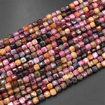 Natural Tourmaline Faceted 4mm 6mm Cube Square Dice Beads Cognac Brown Pink Green Gemstone 15.5" Strand