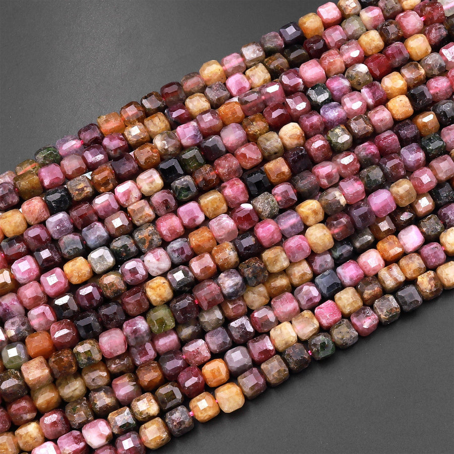 Natural Tourmaline Faceted 4mm 6mm Cube Square Dice Beads Cognac Brown Pink Green Gemstone 15.5" Strand