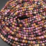 Natural Tourmaline Faceted 4mm 6mm Cube Square Dice Beads Cognac Brown Pink Green Gemstone 15.5" Strand