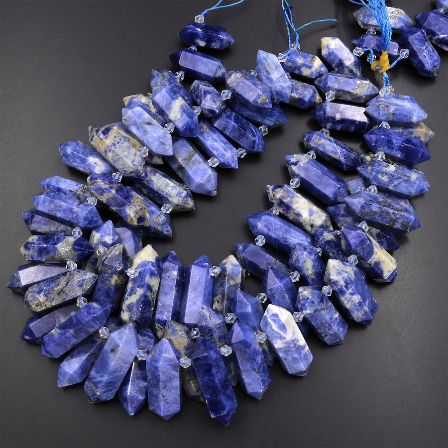 Natural Blue Denim Sodalite Faceted Double Terminated Points Top Side Drilled Focal Pendant Beads 15.5" Strand