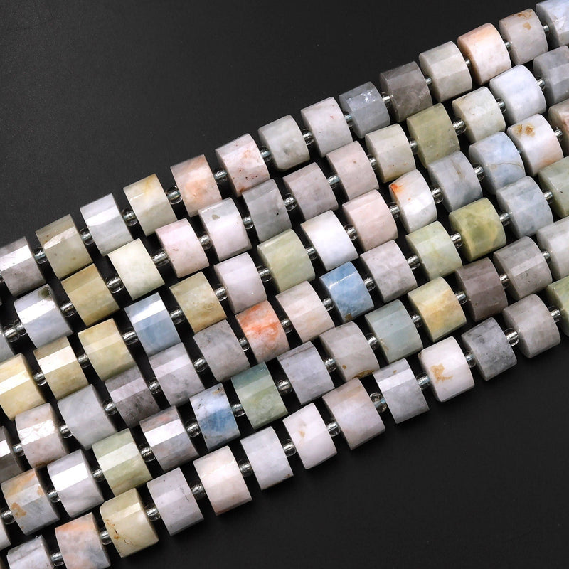 Natural Multicolor Green Blue Aquamarine Faceted Rondelle Beads Short Cylinder Wheel Diamond Cut 15.5" Strand