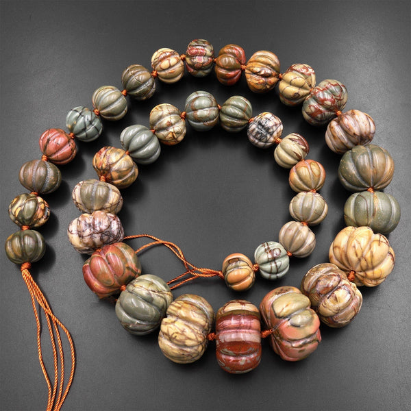 Hand Carved Red Creek Jasper Beads Melon Pumpkin Graduating Multicolor Picasso Jasper 24" Strand