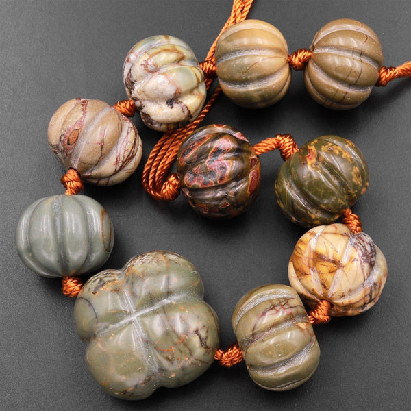 Hand Carved Red Creek Jasper Beads Melon Pumpkin Cross Flower Aka Multicolor Picasso Jasper 7" Strand