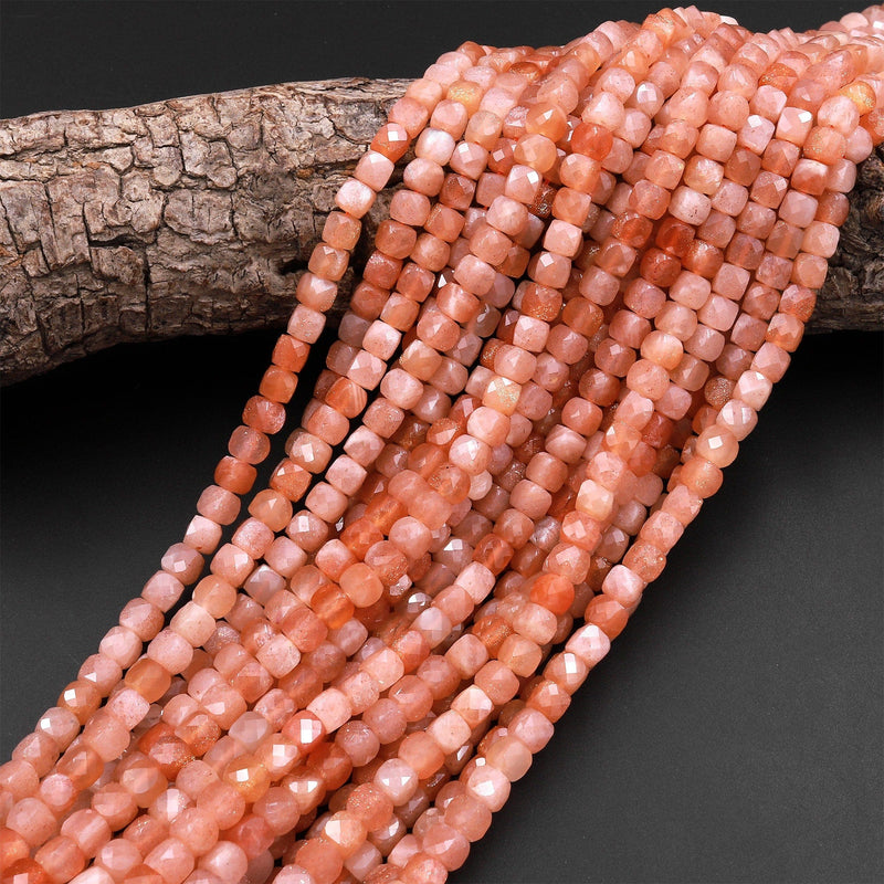 AAA Natural Sunstone Micro Faceted 4mm 5mm Cube Dice Square Beads 15.5" Strand