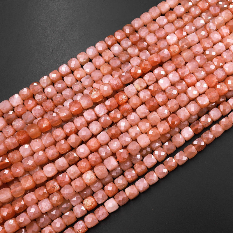 AAA Natural Sunstone Micro Faceted 4mm 5mm Cube Dice Square Beads 15.5" Strand