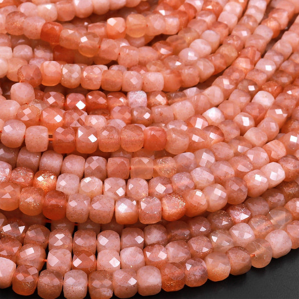 AAA Natural Sunstone Micro Faceted 4mm 5mm Cube Dice Square Beads 15.5" Strand