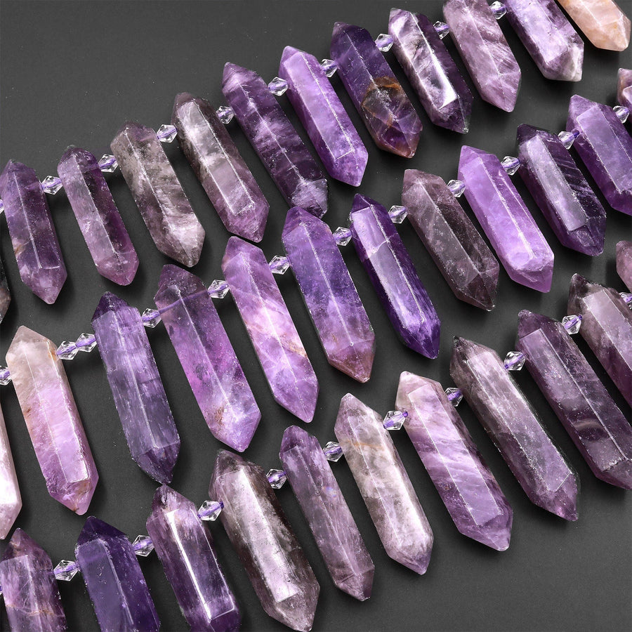 Natural Purple Amethyst Faceted Double Terminated Pointed Beads Side Drilled Large Healing Crystal Focal Pendant 15.5" Strand