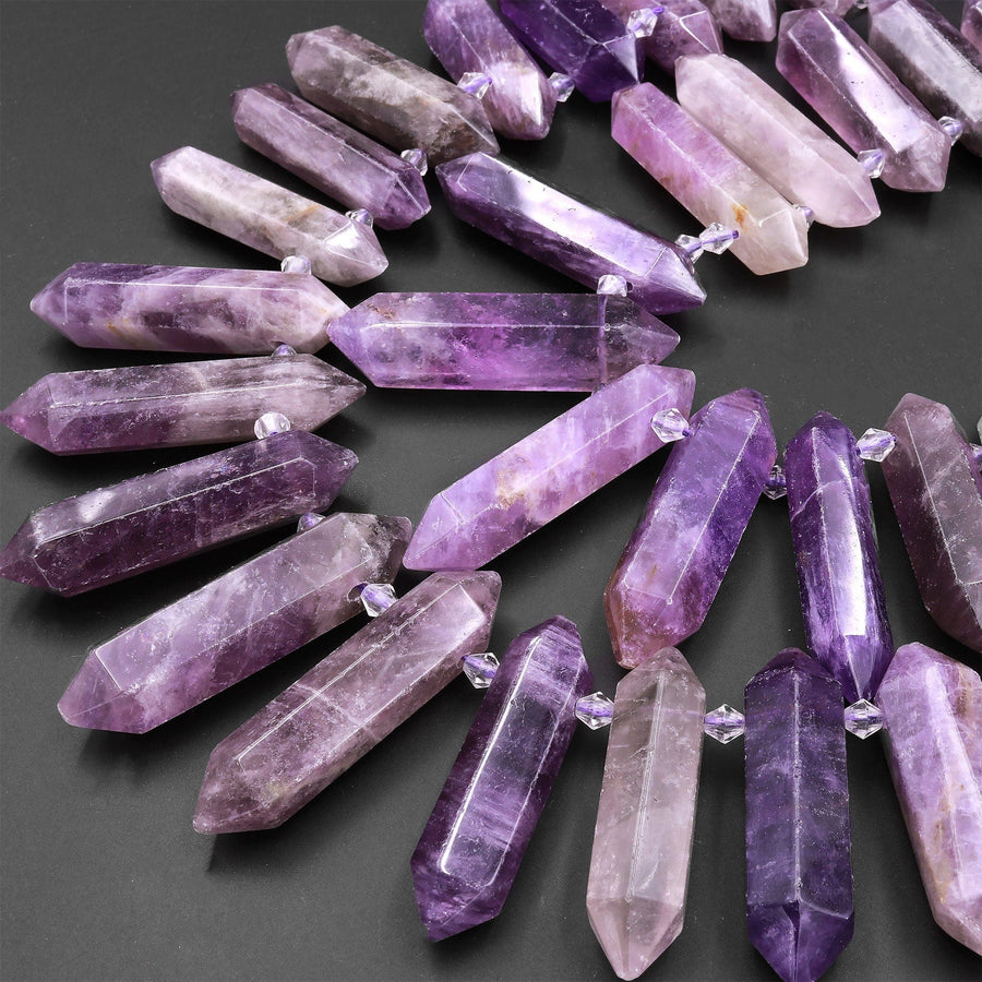 Natural Purple Amethyst Faceted Double Terminated Pointed Beads Side Drilled Large Healing Crystal Focal Pendant 15.5" Strand