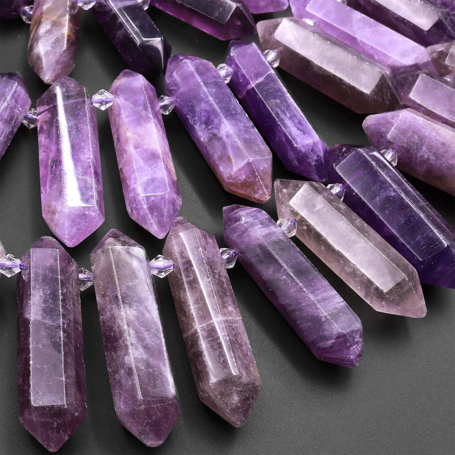 Natural Purple Amethyst Faceted Double Terminated Pointed Beads Side Drilled Large Healing Crystal Focal Pendant 15.5" Strand