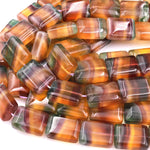 Natural Rainbow Fluorite Rectangle Beads Golden Cognac Brown Mauve Green Gemstone 15.5" Strand