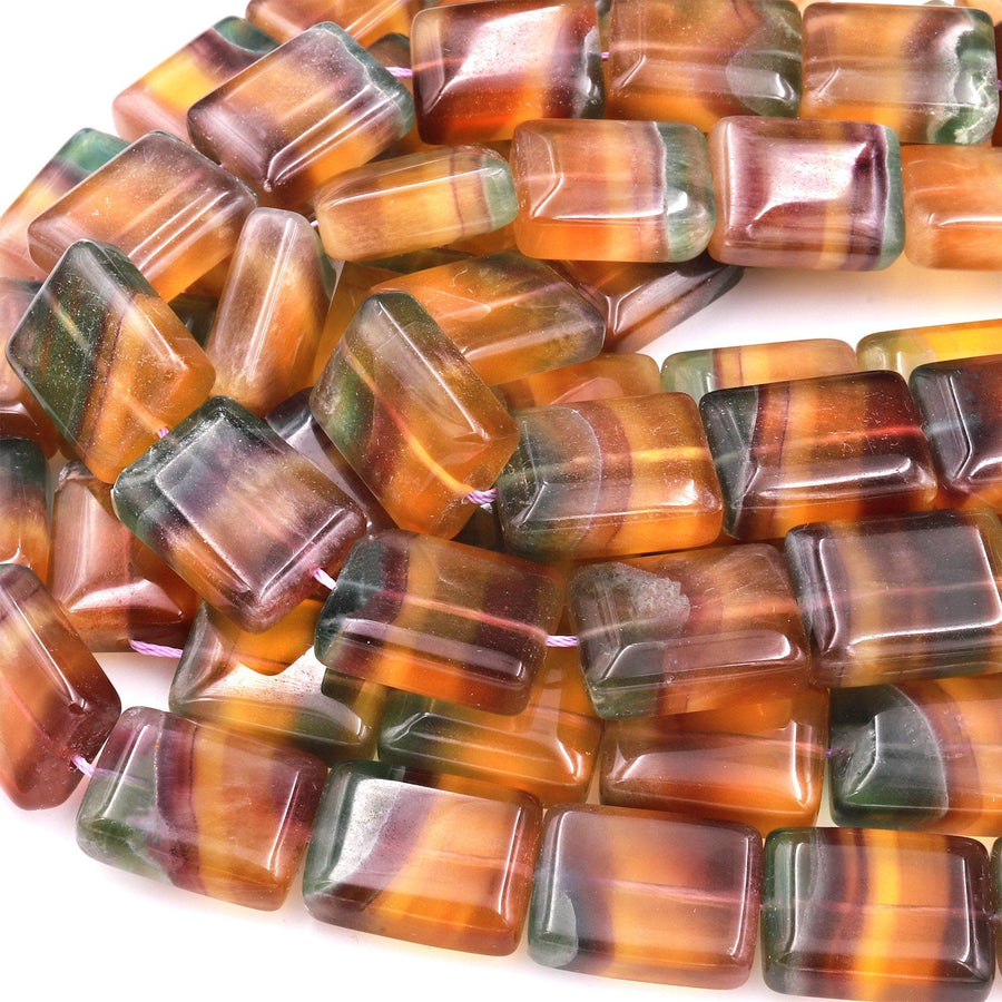 Natural Rainbow Fluorite Rectangle Beads Golden Cognac Brown Mauve Green Gemstone 15.5" Strand