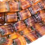 Natural Rainbow Fluorite Rectangle Beads Golden Cognac Brown Mauve Green Gemstone 15.5" Strand