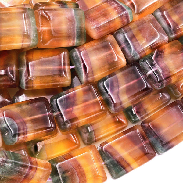 Natural Rainbow Fluorite Rectangle Beads Golden Cognac Brown Mauve Green Gemstone 15.5" Strand