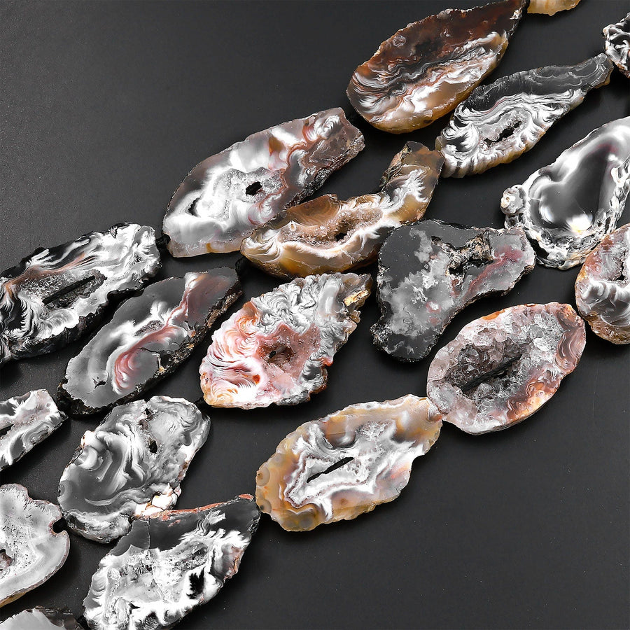 Natural Oco Agate Druzy Drusy Geode Slice Beads Freeform Sparkling Natural Crystal Gemstone 15.5" Strand