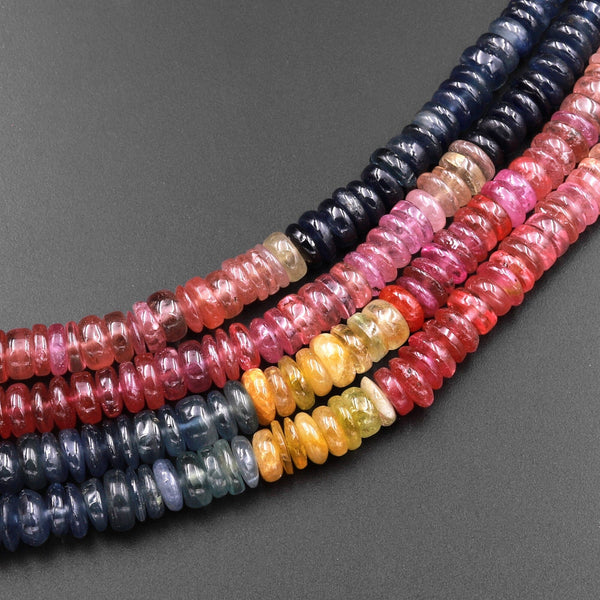 Natural MultiColor Red Pink Yellow Blue Sapphire Smooth Rondelle 6mm Gemstone Beads 18" Strand