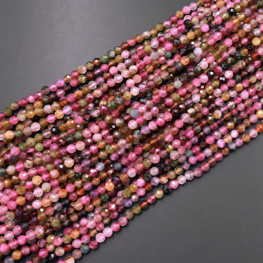 AAA Micro Faceted Natural Multicolor Tourmaline Round Beads 4mm Pink Green Canary Gemstone 15.5" Strand