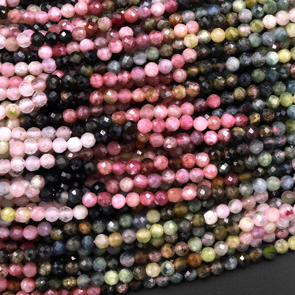 Natural Multicolor Pink Green Blue Tourmaline Micro Faceted 3mm Round Gemstone Beads 15.5" Strand