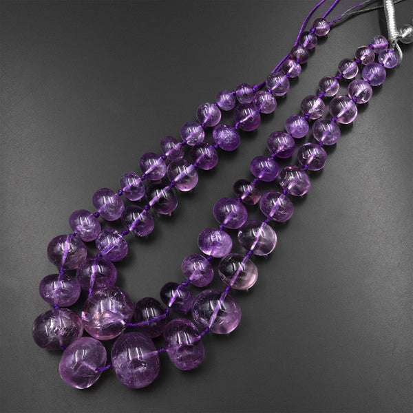 Large Natural Amethyst Beads Puffy Rounded Rondelle Graduated Gemstone 15.5" Strand