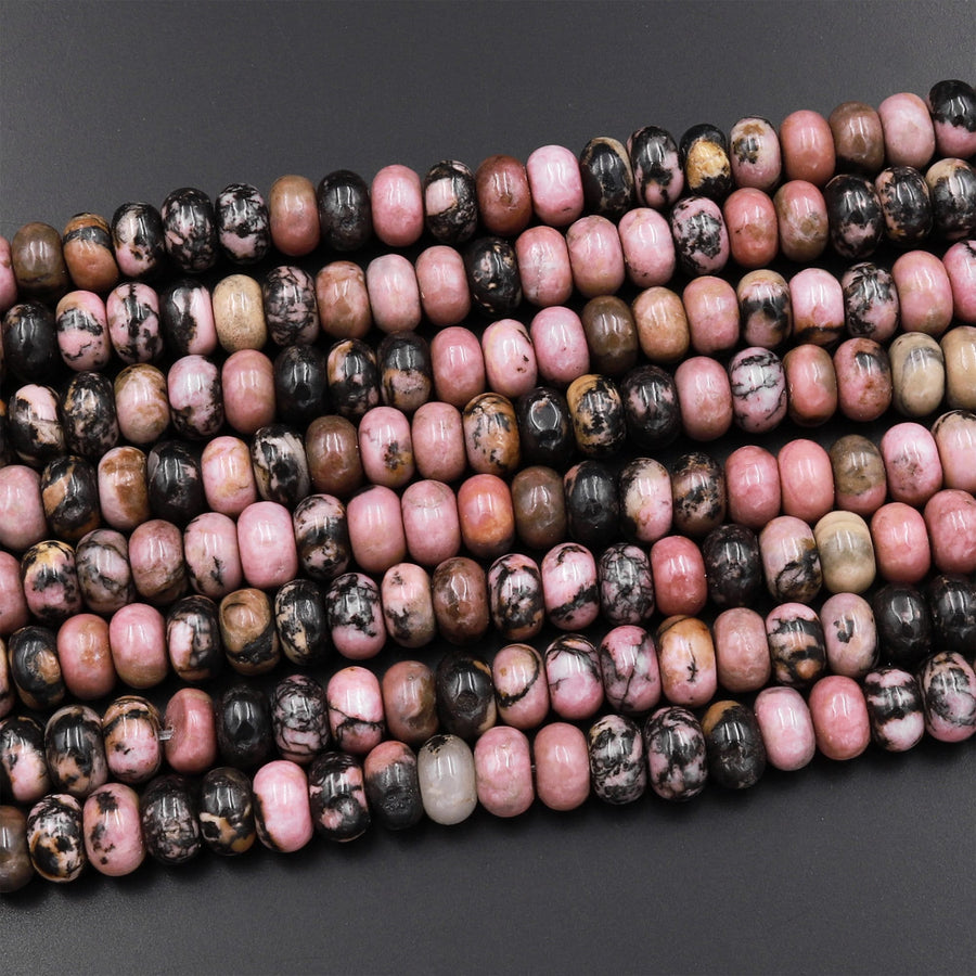 Natural Pink Rhodonite Beads 6mm 8mm Smooth Rondelle Earthy Pink Interesting Black Matrix Beads 15.5" Strand