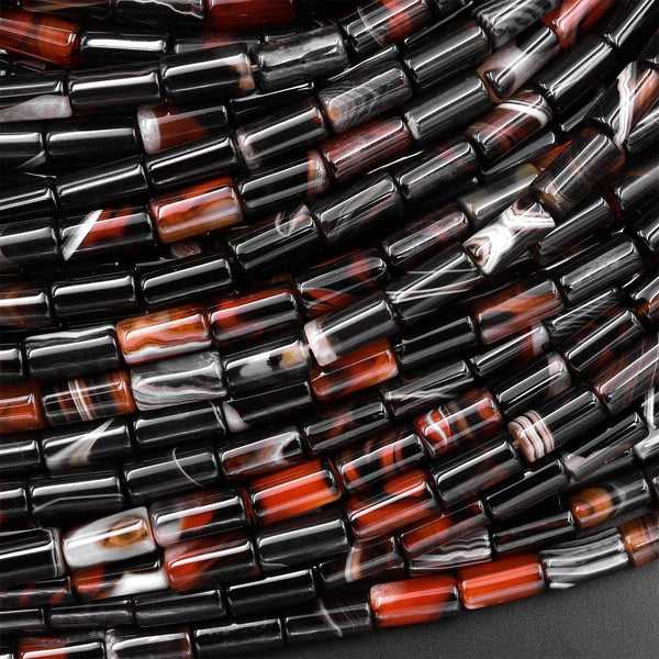 Black Red Tibetan Phantom Agate Beads Thin Tube 15.5" Strand