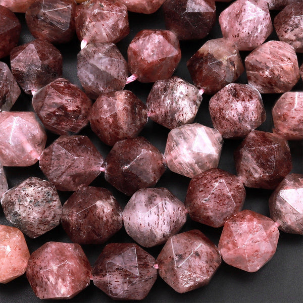Large Natural Strawberry Quartz Faceted Star Cut Rounded 12mm Beads Geometric Cut 15.5 Strand