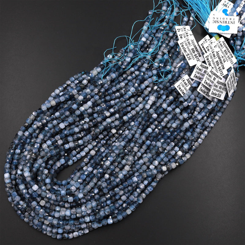 Natural Stormy Blue Aquamarine Faceted 4mm Cube Beads 15.5" Strand