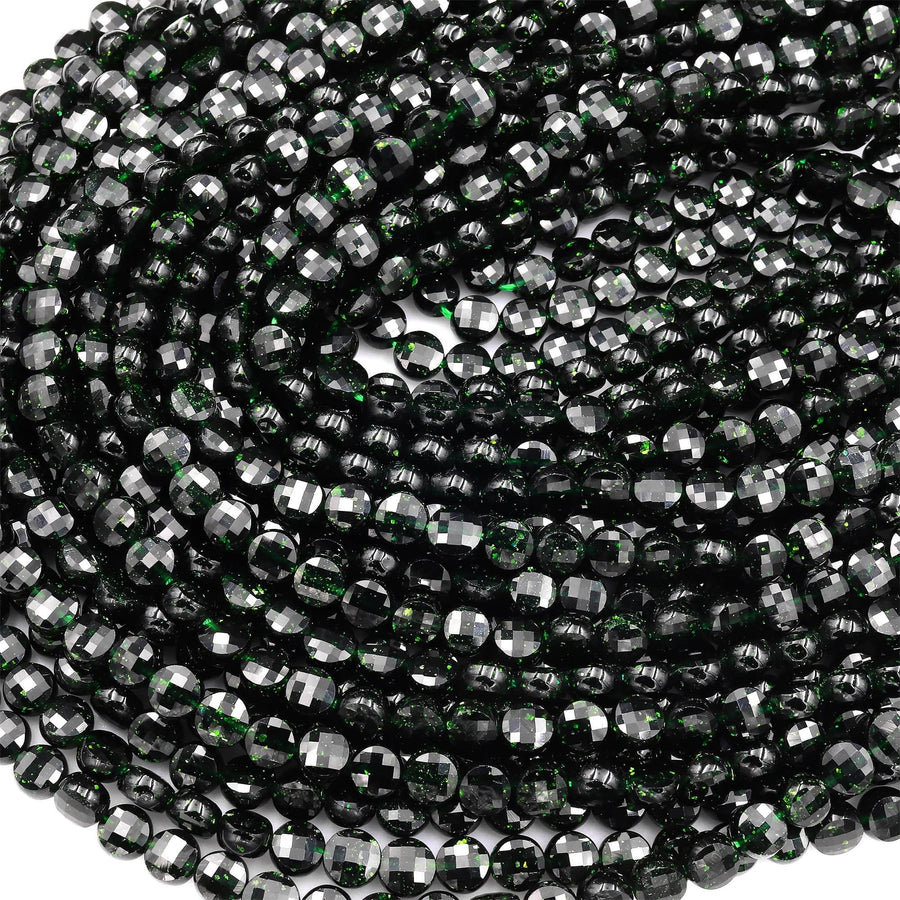 Micro Faceted Green Goldstone Sandstone Beads 6mm Coin 15.5" Strand