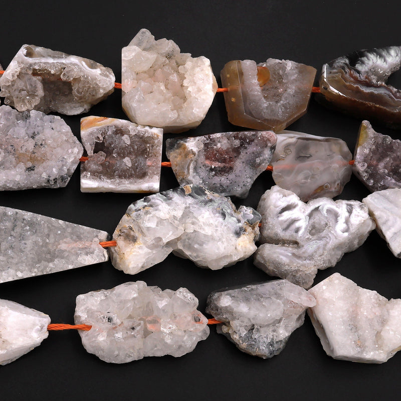 Natural Oco Agate Druzy Drusy Geode Slice Beads Freeform Center Drilled Sparkling Natural Crystal Gemstone 15.5" Strand