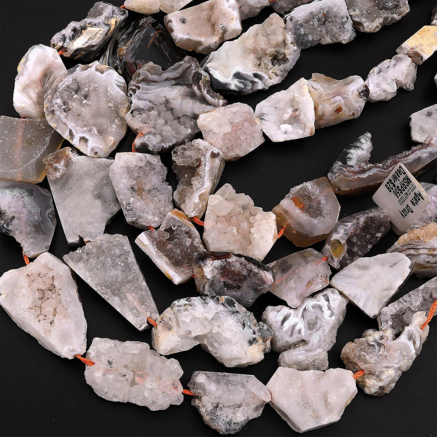 Natural Oco Agate Druzy Drusy Geode Slice Beads Freeform Center Drilled Sparkling Natural Crystal Gemstone 15.5" Strand