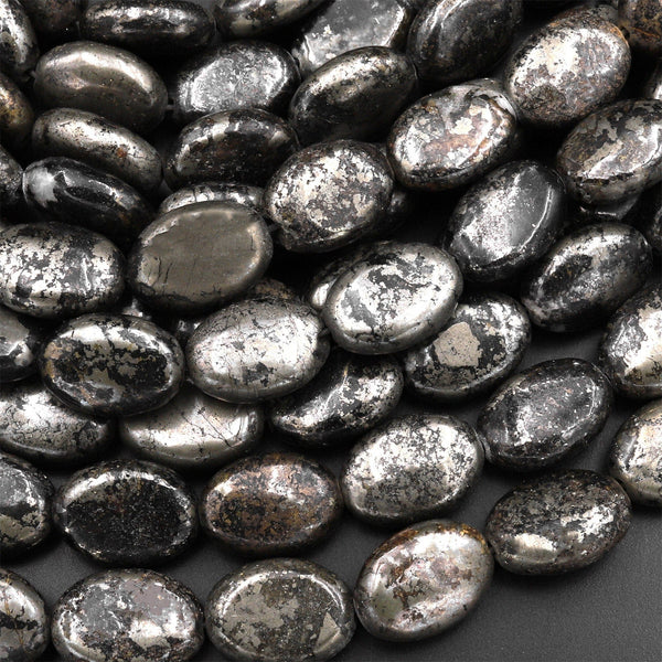 Rare Natural Pyrite in Magnetite 14x10mm Oval Beads Powerful Manifestation Stone 15.5" Strand