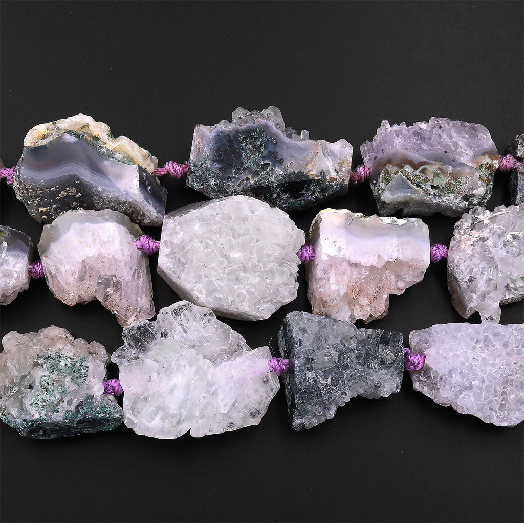 Natural Green Purple Gray Agate Druzy Drusy Geode Slice Beads Freeform Center Drilled Sparkling Natural Crystal Gemstone 15.5" Strand