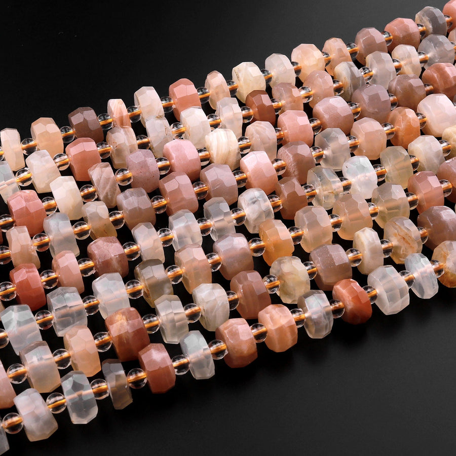 Natural Multicolor Peach Moonstone Beads Large Faceted Wheel Rondelle 15.5" Strand