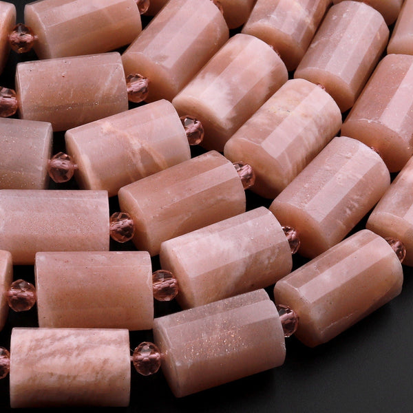 Natural Peach Moonstone Faceted Tube Cylinder Barrel Beads 15.5" Strand